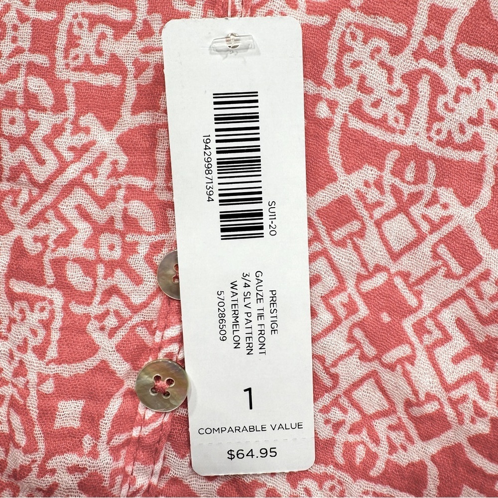 Chico’s Gauzy Tie Front 3/4 Sleeve Aztec Print Boho Popover Blouse in Watermelon - Picture 9 of 10